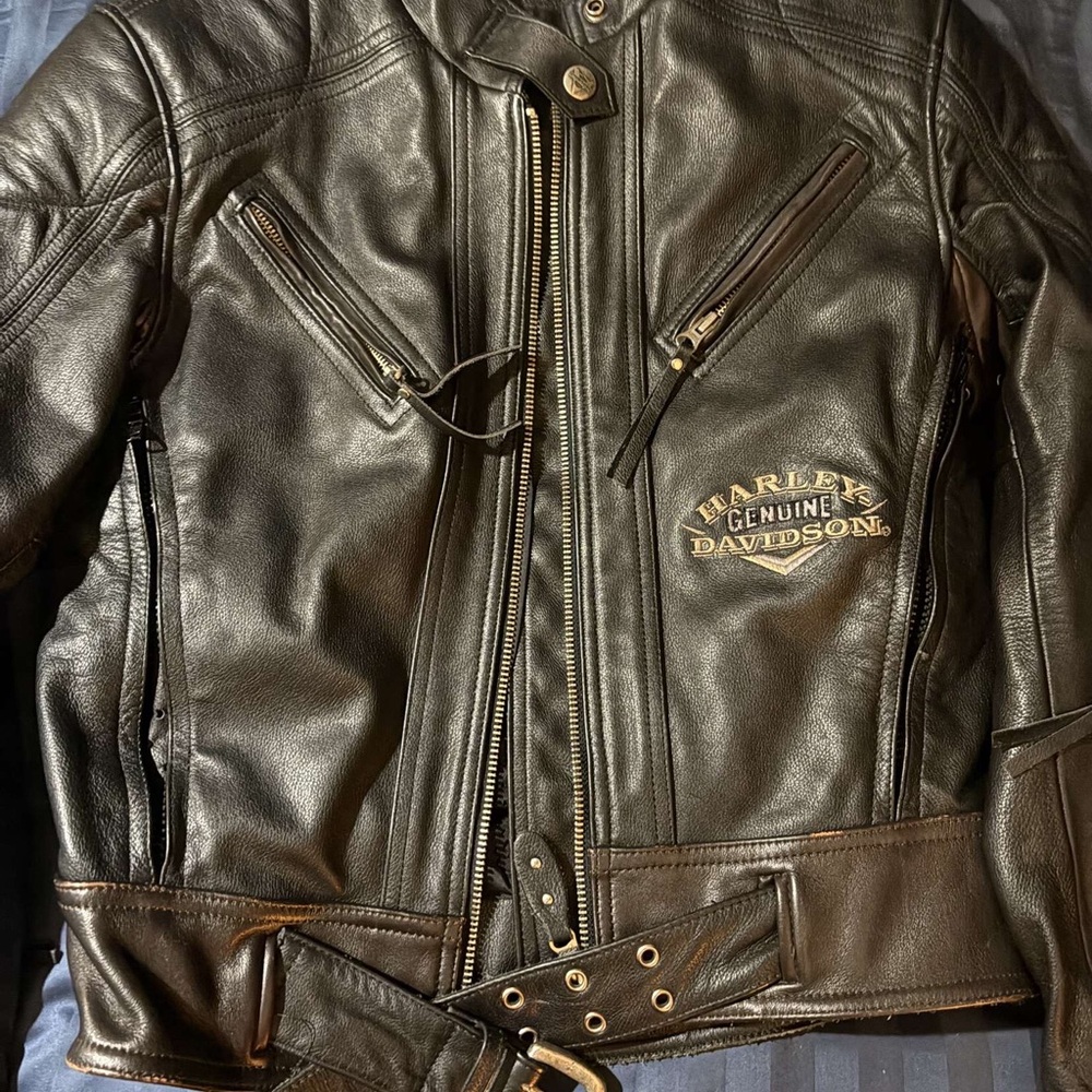 Vintage Harley-Davidson Leather Motorcycle Jacket with Belted Waist